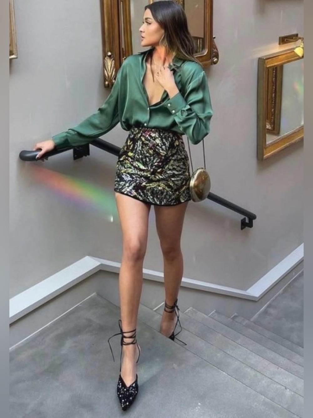 Zara Womens Sequin Mini Skirt in Multi-Green Size S